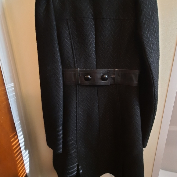 Mackage Black Textured Wool Coat with Leather Detail At Waist - Picture 16 of 16